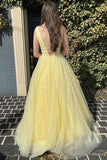 Glitter Yellow A-Line Beaded Long Tulle Prom Formal Dress PSK529-Pgmdress