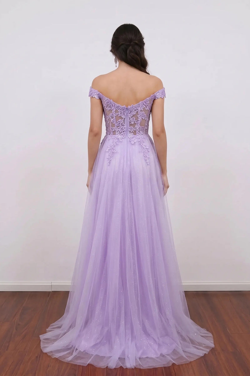 Glitter Off The Shoulder A-line Purple Prom Dress with Lace Bodice-Pgmdress
