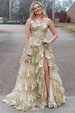 Gold Tulle Sequin One-Shoulder Ruffle Long Prom Dress with Slit PSK489-Pgmdress