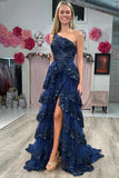 Gold Tulle Sequin One-Shoulder Ruffle Long Prom Dress with Slit PSK489-Pgmdress