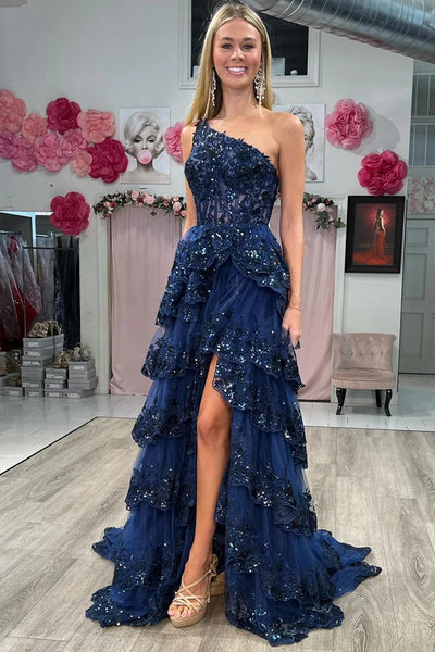 Navy Blue Tulle Sequin One-Shoulder Long Prom Dress with Slit PSK489 US4 / Custom Color Navy Blue Tulle Sequin One-Shoulder Long Prom Dress with Slit PSK489 US4 / Custom Color
