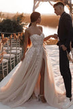 Gorgeous Sweetheart Champagne Boho Wedding Dress with Appliques-Pgmdress
