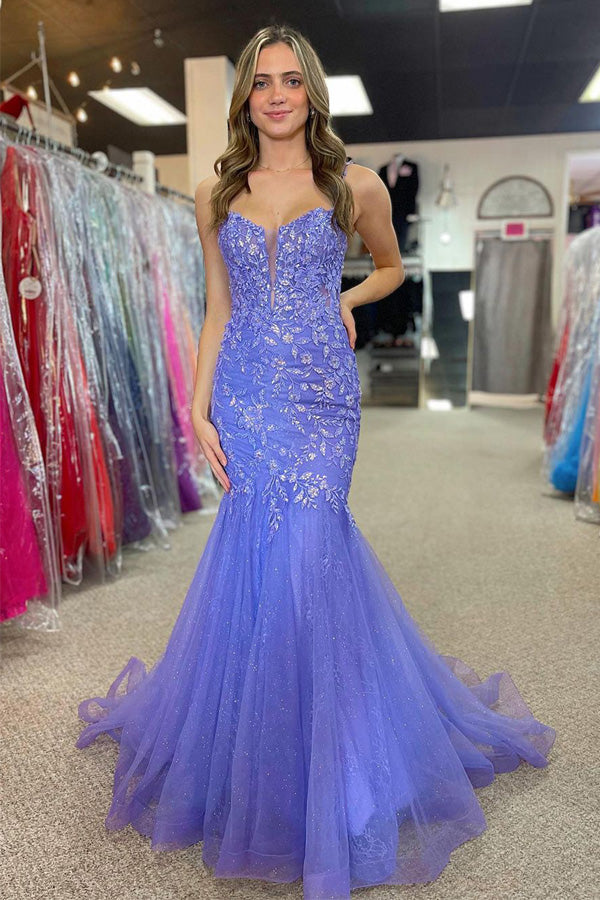 Gorgeous Mermaid Straps Lilac Long Prom Dress with Appliques PSK501-Pgmdress