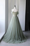 Elegant Gray Green Prom Dress Off-The-Shoulder Tulle A-Line Gown