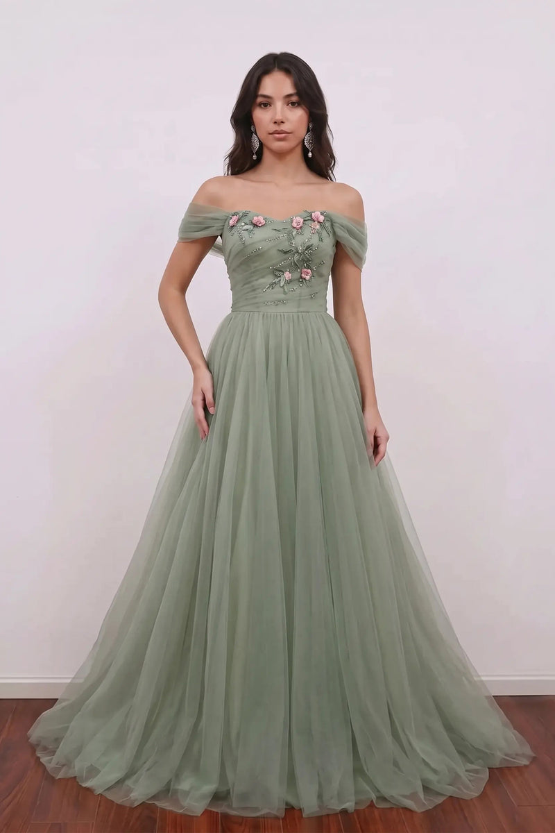 Elegant Gray Green Prom Dress Off-The-Shoulder Tulle A-Line Gown-Pgmdress
