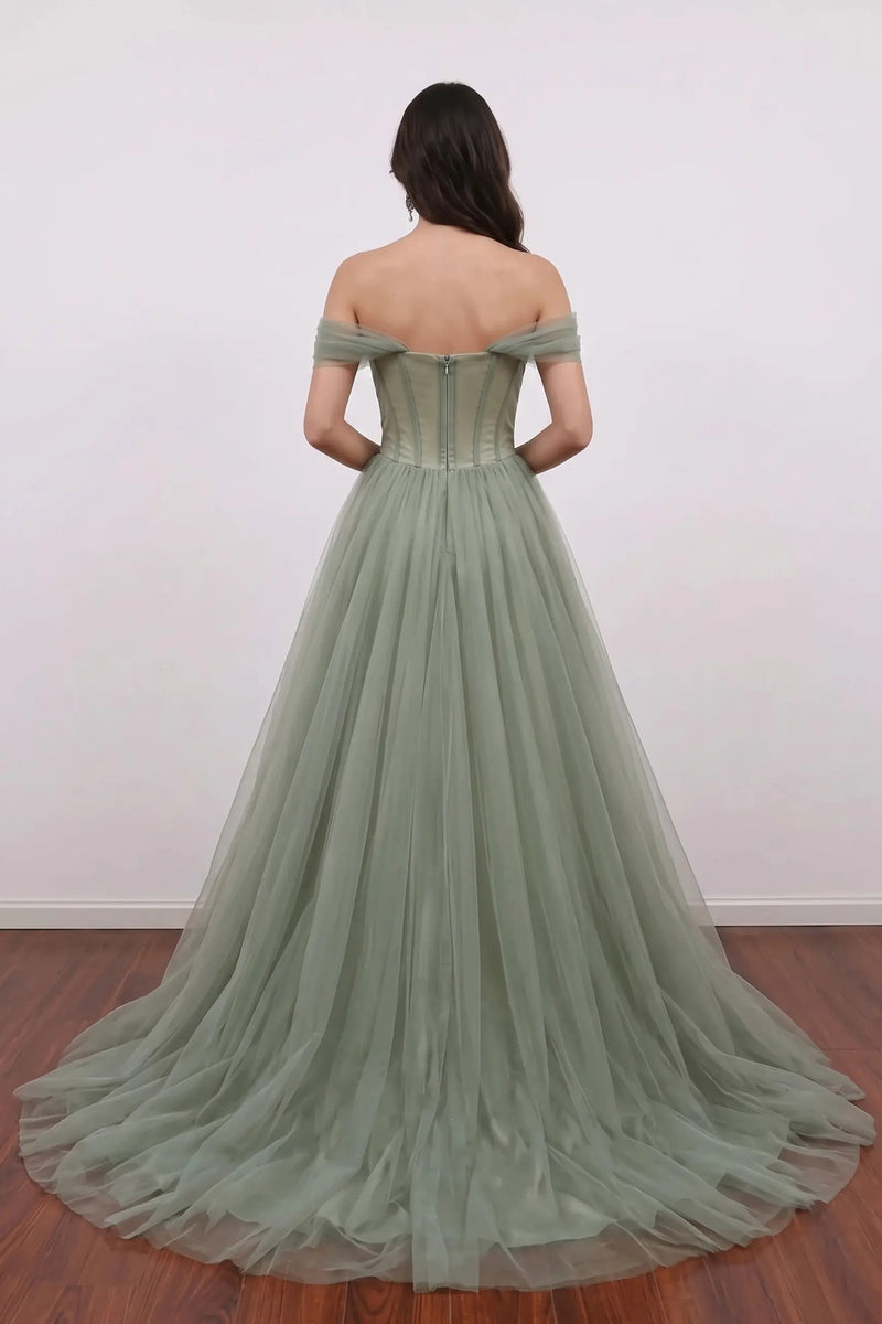 Elegant Gray Green Prom Dress Off-The-Shoulder Tulle A-Line Gown-Pgmdress