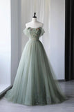 Elegant Gray Green Prom Dress Off-The-Shoulder Tulle A-Line Gown