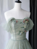 Elegant Gray Green Prom Dress Off-The-Shoulder Tulle A-Line Gown