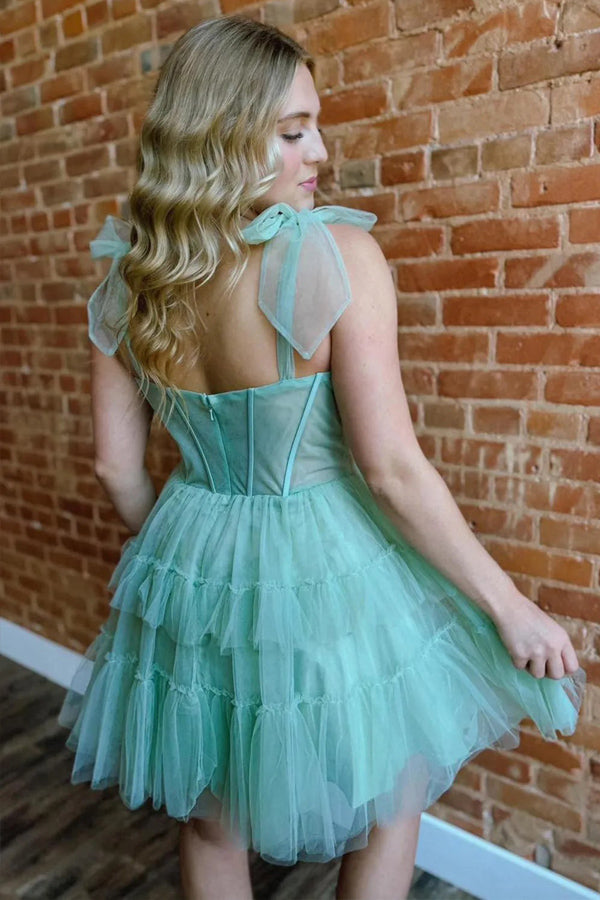Green Straps A-Line Tulle Tiered Short Corset Homecoming Dress PD545-Pgmdress