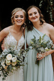 Grey Green One Shoulder Sweep Train Chiffon Bridesmaid Dress BD105-Pgmdress