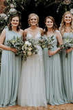 Grey Green One Shoulder Sweep Train Chiffon Bridesmaid Dress BD105-Pgmdress