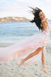 Halter Neckline Backless Pink Beach Wedding Dress With Appliques-Pgmdress