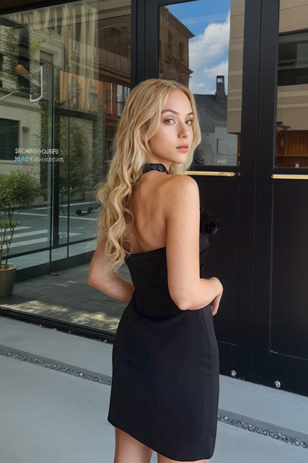 Halter Neck Rosette Fitted Black Mini Homecoming Dress Party Dress US12 / Black Halter Neck Rosette Fitted Black Mini Homecoming Dress Party Dress US12 / Black