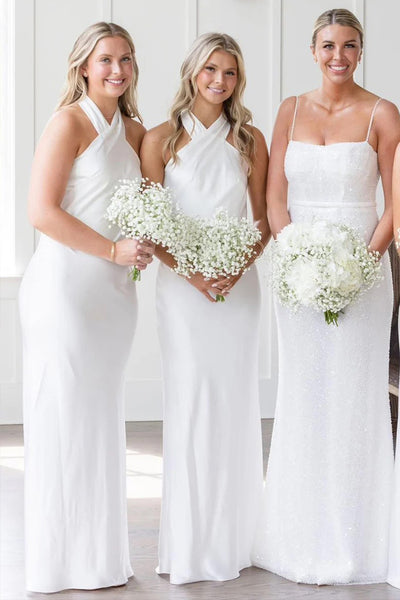Halter Neckline Cutout Back Long White Bridesmaid Dress Bd120 US10 / Custom Color Halter Neckline Cutout Back Long White Bridesmaid Dress Bd120 US10 / Custom Color