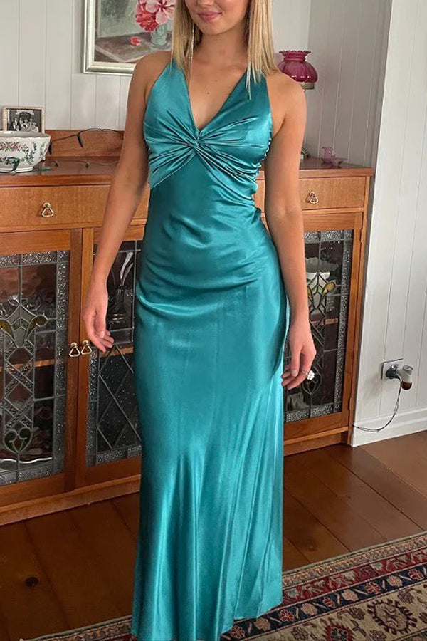 Halter V-neck Green Newest Long Prom Dresses, Satin Pleated Mermaid Bridesmaid Dresses Halter V-neck Green Newest Long Prom Dresses, Satin Pleated Mermaid Bridesmaid Dresses