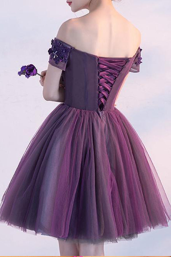 Purple Tulle Short Party Dress, Cute A-Line Off Shoulder Prom Dress US 16 / Custom Color