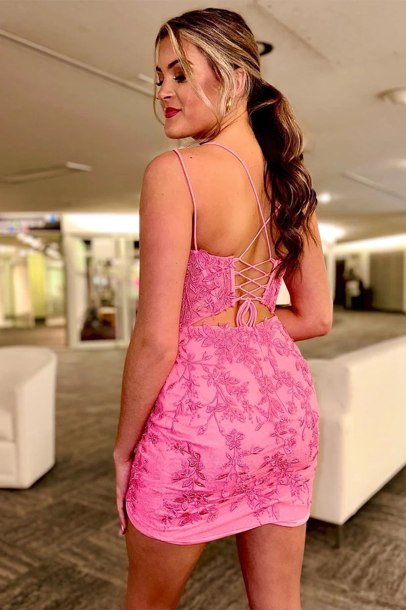 Hot Pink Appliques Plunge V Lace-Up Short Homecoming Dresses PD483-Pgmdress