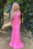 Hot Pink Mermaid Deep V-Neck Prom Dress With Appliques PSK457-Pgmdress