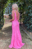 Hot Pink Mermaid Deep V-Neck Prom Dress With Appliques PSK457-Pgmdress