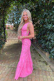 Hot Pink Mermaid Deep V-Neck Prom Dress With Appliques PSK457-Pgmdress
