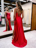 Hot Pink Mermaid Spaghetti Straps Satin Prom Dress with Slit PSK453-Pgmdress