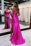 Hot Pink Mermaid Spaghetti Straps Satin Prom Dress with Slit PSK453-Pgmdress