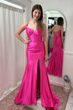 Hot Pink Mermaid Straps Satin Long Prom Dress with Slit  PSK514