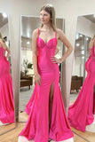 Hot Pink Mermaid Straps Satin Long Prom Dress with Slit  PSK514-Pgmdress
