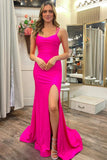 Hot Pink Scoop Neck Lace-Up Trumpet Long Prom Dress PSK479