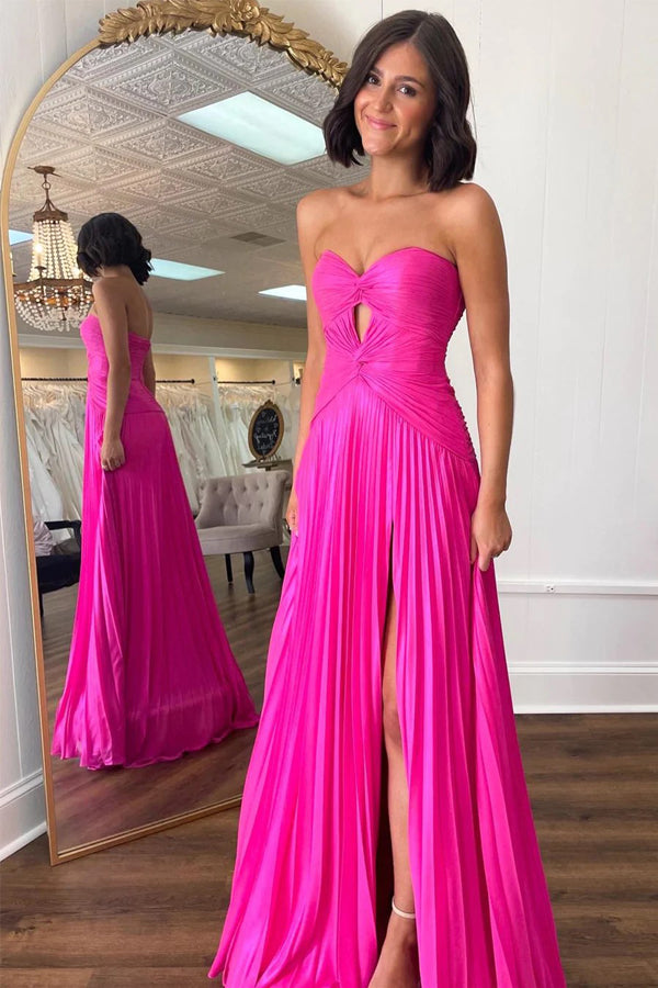 Strapless Keyhole Pleated A-Line Hot Pink Long Prom Dress PSK481-Pgmdress