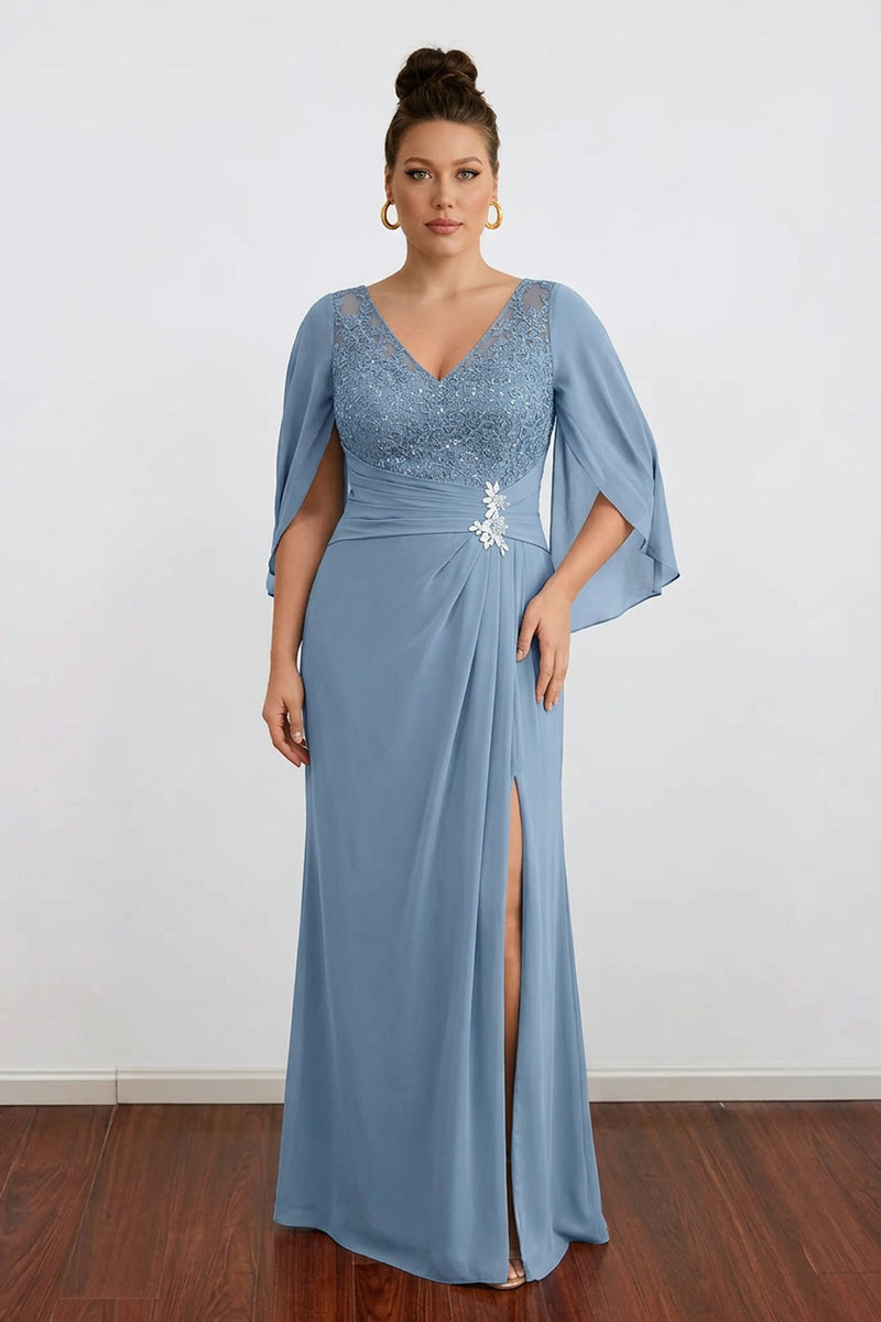 Illusion Lace Chiffon with Sequins Cape Mother of the Bride Dress With Slit-Pgmdress