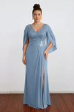 Illusion Lace Chiffon with Sequins Cape Mother of the Bride Dress With Slit-Pgmdress