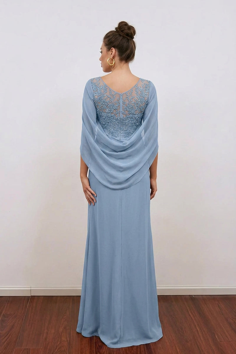Illusion Lace Chiffon with Sequins Cape Mother of the Bride Dress With Slit-Pgmdress