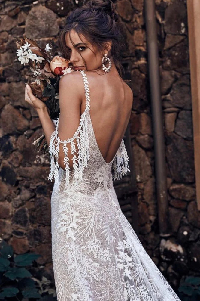 Ivory Bohemian Scoop Neckline Backless Beach Wedding Dress WD676-Pgmdress