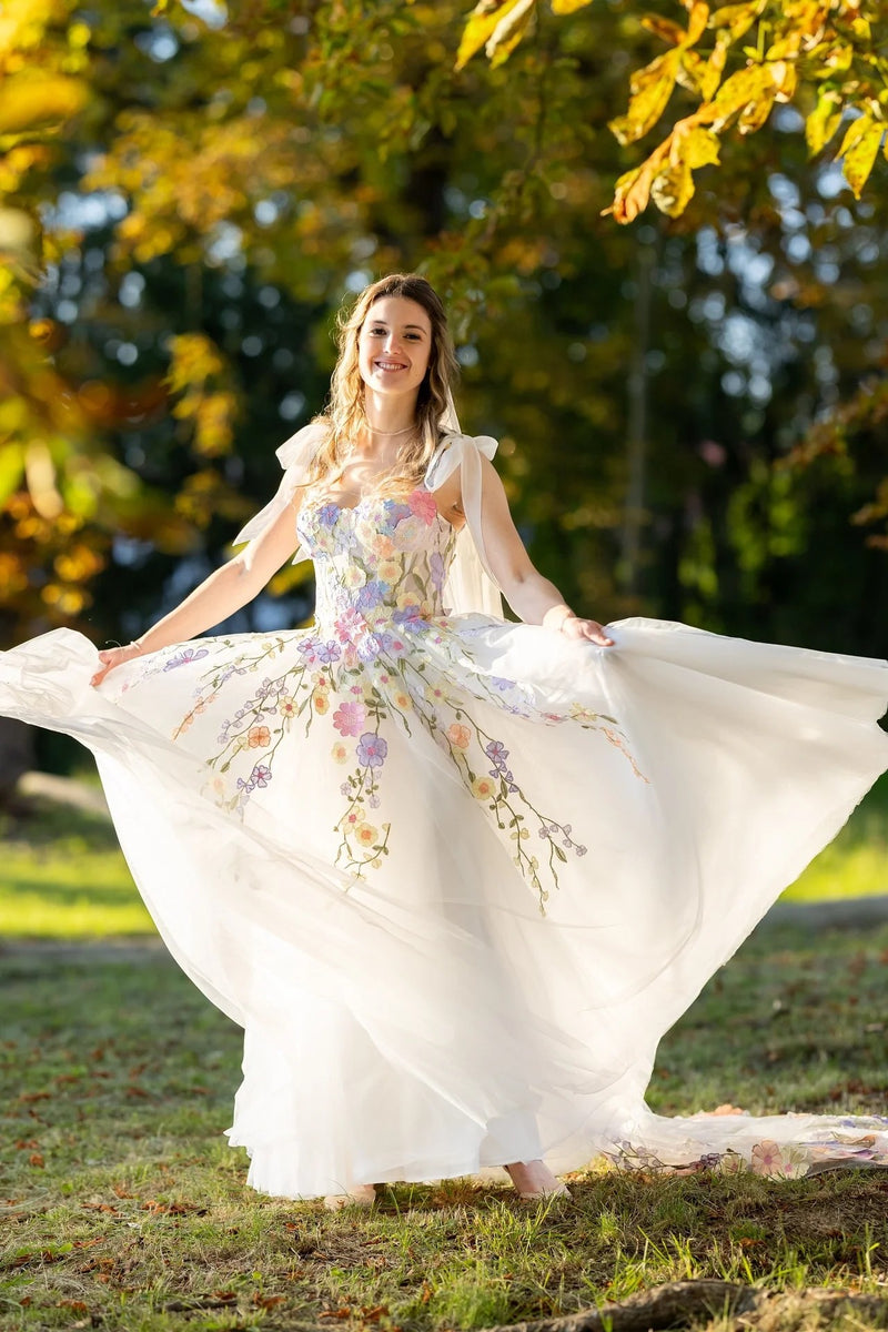 Ivory Floral Wedding Dress with Colorful Embroidery and Bow Straps-Pgmdress