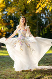 Ivory Floral Wedding Dress with Colorful Embroidery and Bow Straps-Pgmdress