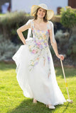 Ivory Floral Wedding Dress with Colorful Embroidery and Bow Straps-Pgmdress