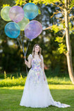 Ivory Floral Wedding Dress with Colorful Embroidery and Bow Straps-Pgmdress