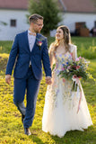 Ivory Floral Wedding Dress with Colorful Embroidery and Bow Straps-Pgmdress
