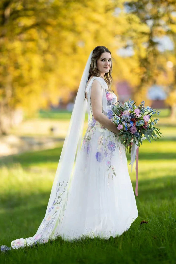 white wedding dress with purple flowers Purple Wedding Dress With Flowers Lace Appliques Lilac Tulle Long Train Wedding Dress, White