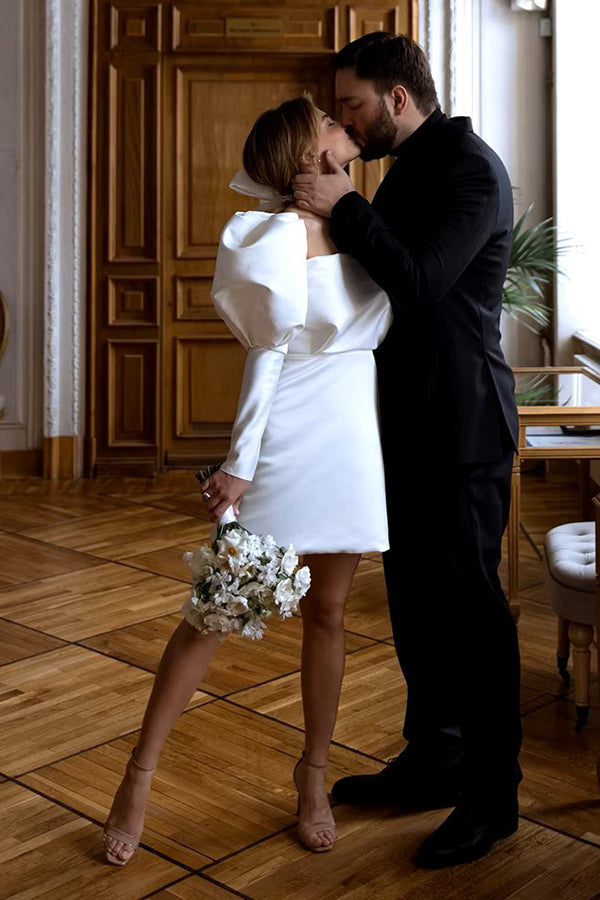 Ivory Puff Sleeves Short Wedding Dress Vintange Wedding Dress WD746-Pgmdress