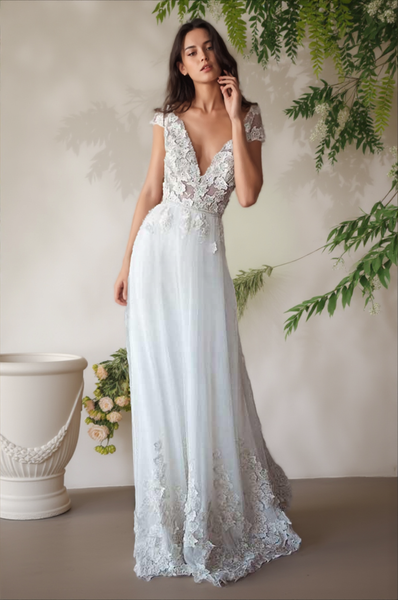 Ivory Cap Sleeve See Through Wedding Dresses Beach Bridal Dress US12 / Ivory