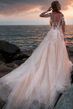 Ivory Tulle Beach Wedding Dress with Illusion Lace Long Sleeves WD532-Pgmdress