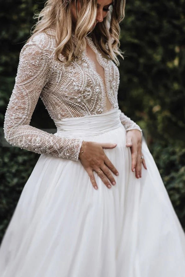 Lace Beading A-Line Tulle Long Sleeves Wedding Dress WD777-Pgmdress