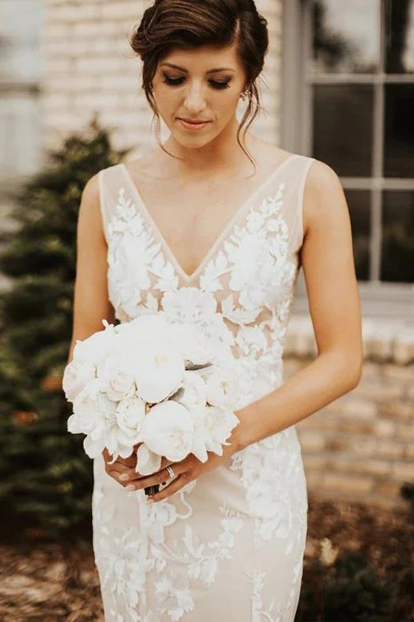 Lace Deep V-neck Bohiman Wedding Dress Mermaid Bridal Gown WD748-Pgmdress