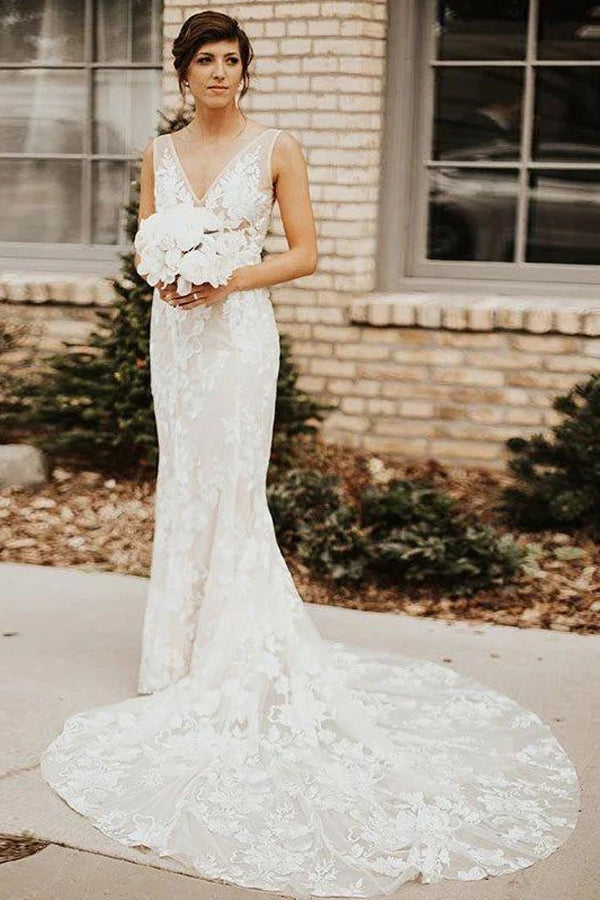 Lace Deep V-neck Bohiman Wedding Dress Mermaid Bridal Gown WD748-Pgmdress