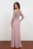 Lace Off-Shoulder Mother of the Bride Dress with Draped Skirt-Pgmdress