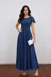 Lace Sequin Short Sleeve Chiffon Navy Blue Mother of the Bride Dress-Pgmdress