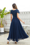Lace Sequin Short Sleeve Chiffon Navy Blue Mother of the Bride Dress-Pgmdress