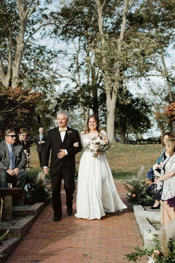 Lace Top Ivory Chiffon Plus Size Wedding Dresses with Long Sleeves WD462 - Pgmdress